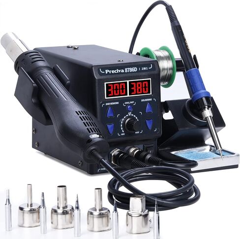 Preciva 902D V Soldering Station 2-in-1 SMD Hot Air Rework Station with LED, Memory Presets, Sleep, Calibration, °C/ºF | Includes Soldering Iron, Hot Air Gun, 5 Tips, 4 Nozzles, Holder, Solder Wire in Saudi Arabia