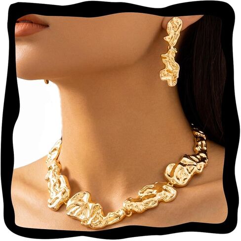 Brishow Chunky Choker Set Gold Irregular Lava Statement Necklace Punk Jewelry Set for Women in Kuwait