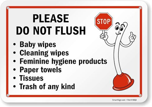 SmartSign 7" x 10" 'Please Do Not Flush Wipes/Feminine Hygiene Products/Paper Towels/Tissues/Trash' Bathroom Sign with Funny STOP Symbol, 55 mil HDPE Plastic, Red/Black/White, USA-Made in Saudi Arabia