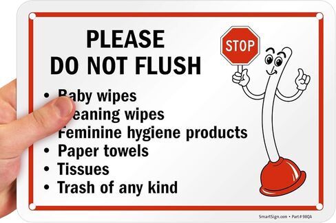 SmartSign 7" x 10" 'Please Do Not Flush Wipes/Feminine Hygiene Products/Paper Towels/Tissues/Trash' Bathroom Sign with Funny STOP Symbol, 55 mil HDPE Plastic, Red/Black/White, USA-Made in Saudi Arabia