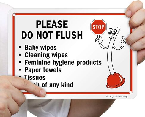 SmartSign 7" x 10" 'Please Do Not Flush Wipes/Feminine Hygiene Products/Paper Towels/Tissues/Trash' Bathroom Sign with Funny STOP Symbol, 55 mil HDPE Plastic, Red/Black/White, USA-Made in Saudi Arabia