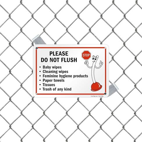 SmartSign 7" x 10" 'Please Do Not Flush Wipes/Feminine Hygiene Products/Paper Towels/Tissues/Trash' Bathroom Sign with Funny STOP Symbol, 55 mil HDPE Plastic, Red/Black/White, USA-Made in Saudi Arabia