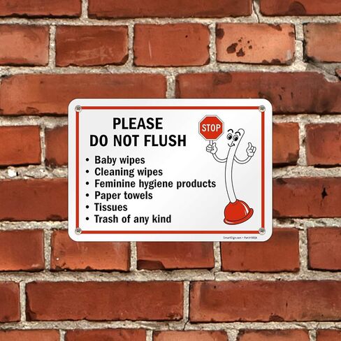 SmartSign 7" x 10" 'Please Do Not Flush Wipes/Feminine Hygiene Products/Paper Towels/Tissues/Trash' Bathroom Sign with Funny STOP Symbol, 55 mil HDPE Plastic, Red/Black/White, USA-Made in Saudi Arabia