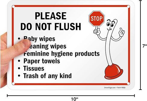 SmartSign 7" x 10" 'Please Do Not Flush Wipes/Feminine Hygiene Products/Paper Towels/Tissues/Trash' Bathroom Sign with Funny STOP Symbol, 55 mil HDPE Plastic, Red/Black/White, USA-Made in Saudi Arabia