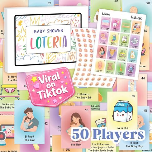 Baby Shower Loteria Bilingual - Baby Loteria for Shower Games Spanish and English, Funny Bingo Game for 50 Players in Kuwait