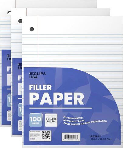 Notebook Paper, Loose Leaf Paper (3 Pack), College Ruled Paper, 10.5" x 8", Filler Paper, 100 Sheets Per Pack, 60 gsm (3 Pack) in Kuwait