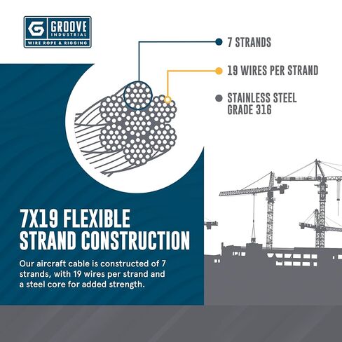 Groove Industrial 5/16 "7x19 كابل الطائرات T316 من الفولاذ المقاوم للصدأ - حبل سلك SS - 150 قدم in Kuwait