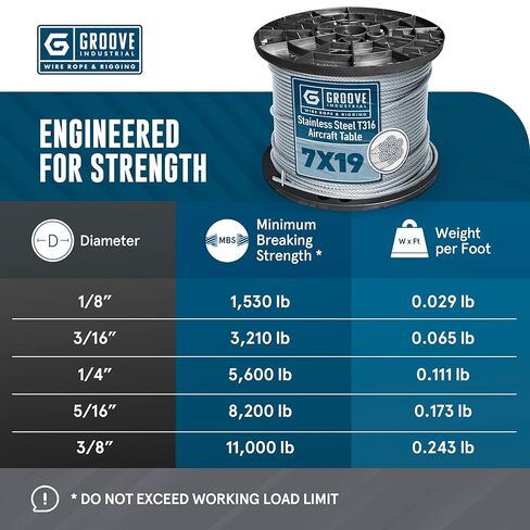 Groove Industrial 5/16 "7x19 كابل الطائرات T316 من الفولاذ المقاوم للصدأ - حبل سلك SS - 150 قدم in Kuwait