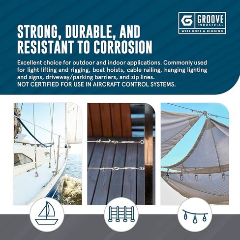 Groove Industrial 5/16 "7x19 كابل الطائرات T316 من الفولاذ المقاوم للصدأ - حبل سلك SS - 150 قدم in Kuwait