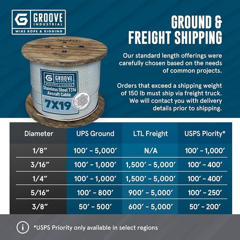 Groove Industrial 5/16 "7x19 كابل الطائرات T316 من الفولاذ المقاوم للصدأ - حبل سلك SS - 150 قدم in Kuwait