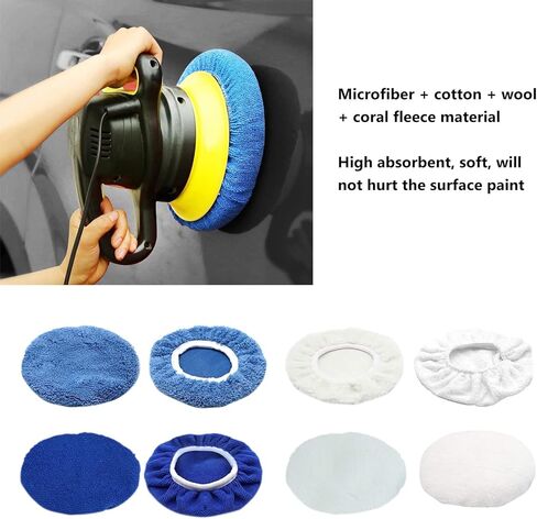 Eujgoov 8-Piece 6-inch Polishing Pad Set with Wool Pads + Cotton Covers + Microfiber Covers + Fleece Valve Cap Set Suitable for Polishing Cars, Motorcycles, and Boats in Saudi Arabia