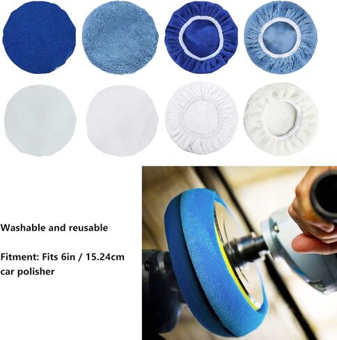 6in Car Polisher, 8pcs Wool, Cotton, Microfiber, Fleece Buffing Pad Bonnet Set for Waxing, Cleaning, with 3pcs Car Polishing Pad Bonnet for Polishing, Fits 6in Polisher in Saudi Arabia