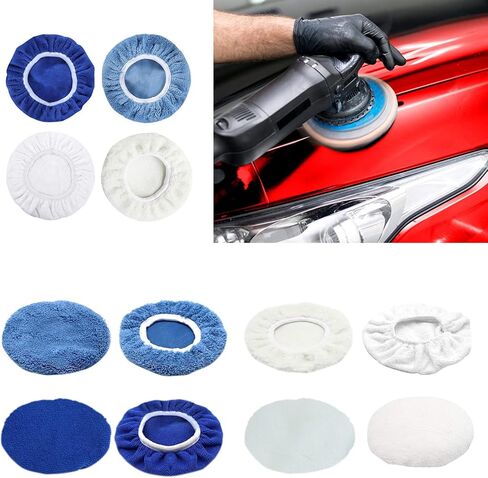 6in Car Polisher, 8pcs Wool, Cotton, Microfiber, Fleece Buffing Pad Bonnet Set for Waxing, Cleaning, with 3pcs Car Polishing Pad Bonnet for Polishing, Fits 6in Polisher in Saudi Arabia