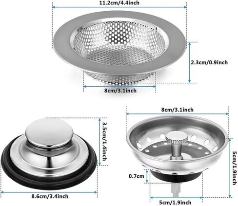 مجموعة مصفاة حوض من الفولاذ المقاوم للصدأ مكونة من 6 قطع مع سدادة تصريف وواقي من الرذاذ، 2 عبوة 4.4 بوصة 3.4 بوصة 3.1 بوصة لحوض المطبخ والتخلص من القمامة in Kuwait