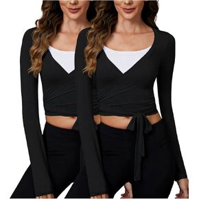 المرأة بيلاتيس التفاف القمم العميق الخامس الرقبة الباليه قميص يوجا طويلة الأكمام التعادل الجبهة تجريب وتتسابق Y2k البلوزات in Kuwait