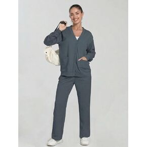 Women's 2-Piece Lounge Set - Button Down V Neck Cardigan Sweatsuit Wide-leg Pants with Pockets Casual Matching Outfits Dark grey M in Saudi Arabia