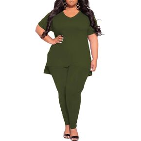 TOPSRANI Womens Plus Size 2 Piece Outfits Sweatsuits Casual Tracksuit V Neck Short Sleeve Solid Loungewear Pants Sets in Kuwait