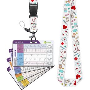 EKG Rhythm Reference Cards with Nurse Print Lanyard, Nursing Badge Buddy Set, ECG Quick Badge Card for RN Paramedic, Nurse Gift in Kuwait