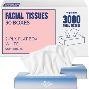 Bulk Tissues, 30 Flat Boxes, 100 Sheets/Box, 3000 Facial Tissues Total, 2-Ply, Soft, White, for Office, Business & Home, Commercial Flat Box Tissues, Hypoallergenic, Unscented, Packaging May Vary in Kuwait
