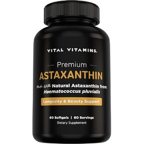 Vital Vitamins Astaxanthin 12mg Softgels - Made with Natural Astaxanthin - Supplement to Promote Skin Hydration, Elasticity - Defends Cells Against Daily Damage - Vegan, Made in the USA - 60 Soft Gels in Kuwait