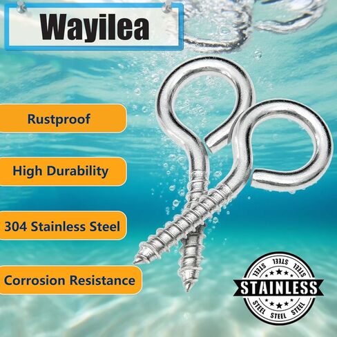 Walilea M6 x 2.5 بوصة 304 براغي عين من الفولاذ المقاوم للصدأ، خطافات عين بسعة 200 رطل، شديدة التحمل للتعليق في الأماكن المغلقة/الخارجية (20) in Kuwait