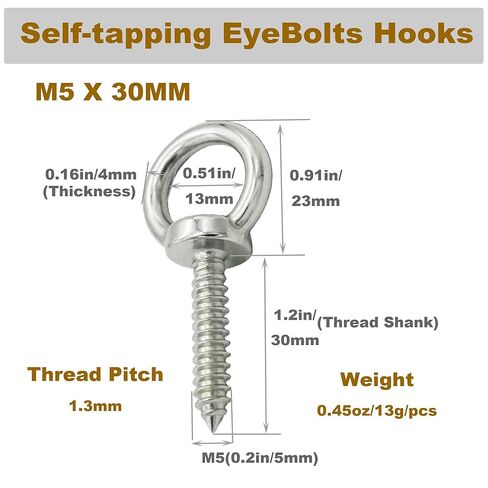 Self Tapping EyeBolts Stainless Eye Screws M5x30mm(1.2") Long Hooks for Hanging,6 PCS in Kuwait