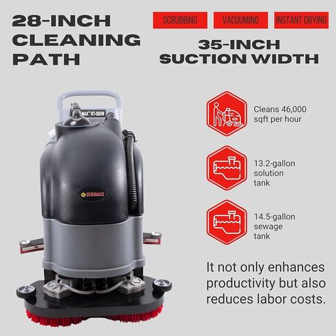 SUNMAX 28" Commercial Floor Scrubber Machine, 14.5-gal Tank, Dual Brushes and Sourcing Pads, Self-Propelled Floor Cleaner with Traction Drive in Kuwait