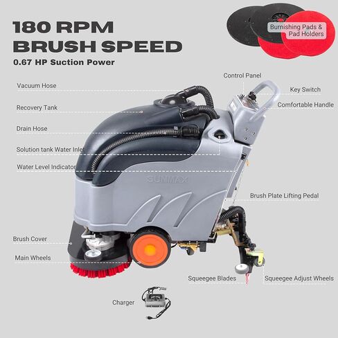 SUNMAX 28" Commercial Floor Scrubber Machine, 14.5-gal Tank, Dual Brushes and Sourcing Pads, Self-Propelled Floor Cleaner with Traction Drive in Kuwait