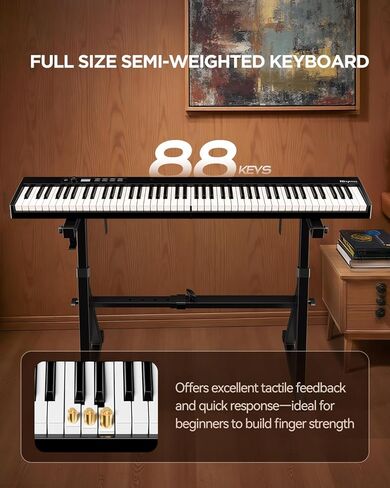 Rhymo 88 Key Semi-Weighted Folding Digital Piano, Full Size Portable Keyboard with Bluetooth MIDI, Touch Sensitive Keys, Carrying Case, Sustain Pedal & Earbuds for Adult Beginners in Kuwait
