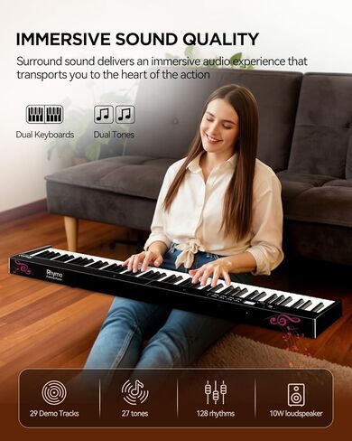 Rhymo 88 Key Semi-Weighted Folding Digital Piano, Full Size Portable Keyboard with Bluetooth MIDI, Touch Sensitive Keys, Carrying Case, Sustain Pedal & Earbuds for Adult Beginners in Kuwait