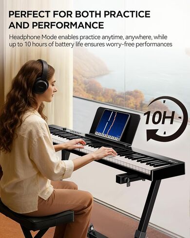 Rhymo 88 Key Semi-Weighted Folding Digital Piano, Full Size Portable Keyboard with Bluetooth MIDI, Touch Sensitive Keys, Carrying Case, Sustain Pedal & Earbuds for Adult Beginners in Kuwait