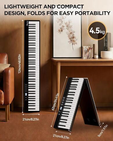 Rhymo 88 Key Semi-Weighted Folding Digital Piano, Full Size Portable Keyboard with Bluetooth MIDI, Touch Sensitive Keys, Carrying Case, Sustain Pedal & Earbuds for Adult Beginners in Kuwait