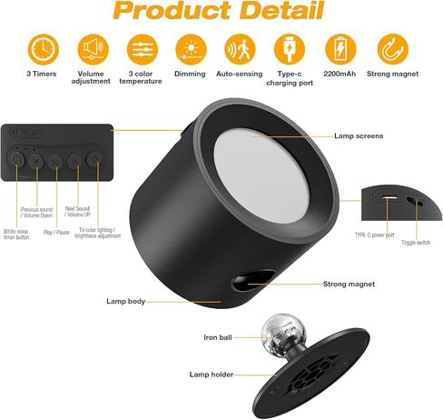 2 في 1 آلة صوت بضوضاء بيضاء وشمعدان حائط LED مع 30 صوتًا مهدئًا ومؤقت للنوم ومستشعر حركة وإضاءة ليلية قابلة للتعتيم تدور 360 درجة وبطارية قابلة لإعادة الشحن بقدرة 2200 مللي أمبير في الساعة تعمل بغرفة النوم in Kuwait