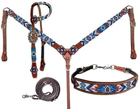 Showman Blue Beaded Southwest Design Single Ear Leather Headstall & Breast Collar Set, Average Full Size Horse in Saudi Arabia
