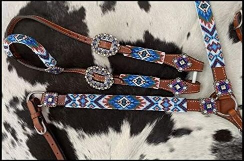 Showman Blue Beaded Southwest Design Single Ear Leather Headstall & Breast Collar Set, Average Full Size Horse in Saudi Arabia