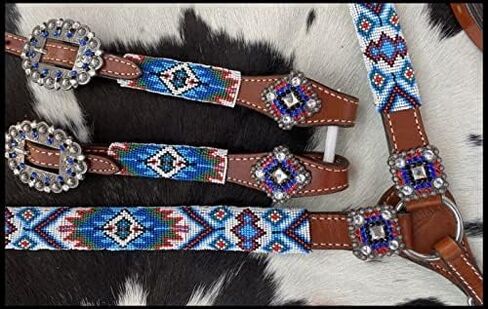 Showman Blue Beaded Southwest Design Single Ear Leather Headstall & Breast Collar Set, Average Full Size Horse in Saudi Arabia