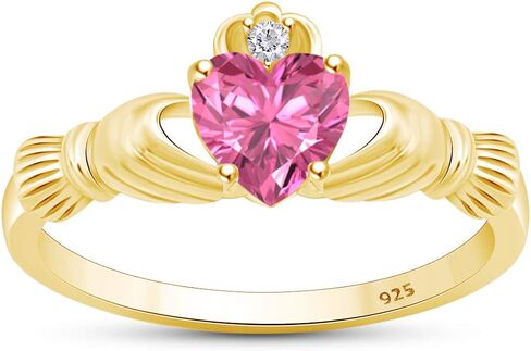 Heart Cut Simulated Birthstone & Cubic Zirconia Claddagh Ring In 14k Gold Over Sterling Silver Jewelry Wedding/Valentine's Day/Mother's Day Jewelry Gift for Mom Wife in Saudi Arabia