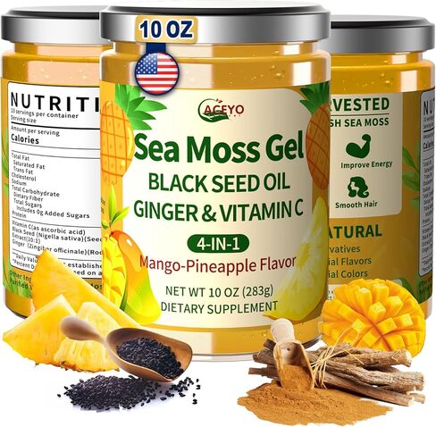 Aceyo Sea Moss Gel - Moss Sea Sea Wildcrafted مع زيت البذور الأسود والزنجبيل ، الغني بالمعادن والفيتامينات ، والمناعة والدعم الصحي ، غير المعدلة وراثيا ، نباتي ، نكهة الأناناس المانجو ، 10 أوقية (حزمة 1) in Kuwait