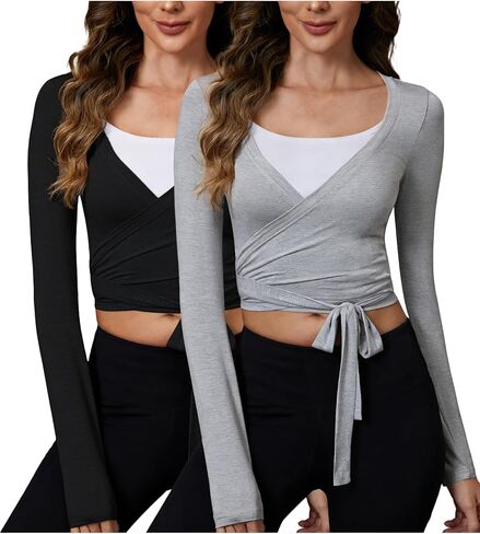 Women's Pilates Wrap Tops Deep V Neck Ballet Yoga Shirt Long Sleeves Tie Front Workout Outfits Y2k Blouses in Saudi Arabia