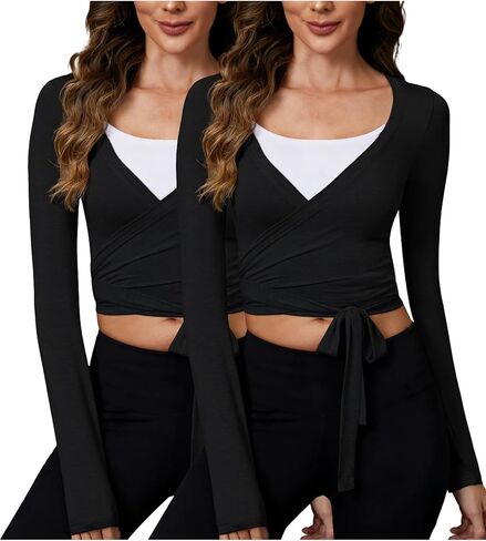 المرأة بيلاتيس التفاف القمم العميق الخامس الرقبة الباليه قميص يوجا طويلة الأكمام التعادل الجبهة تجريب وتتسابق Y2k البلوزات in Kuwait