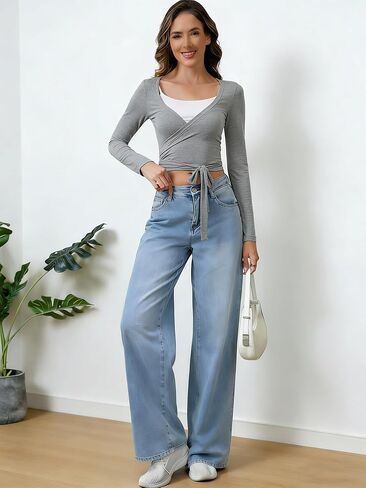 Women's Pilates Wrap Tops Deep V Neck Ballet Yoga Shirt Long Sleeves Tie Front Workout Outfits Y2k Blouses in Saudi Arabia