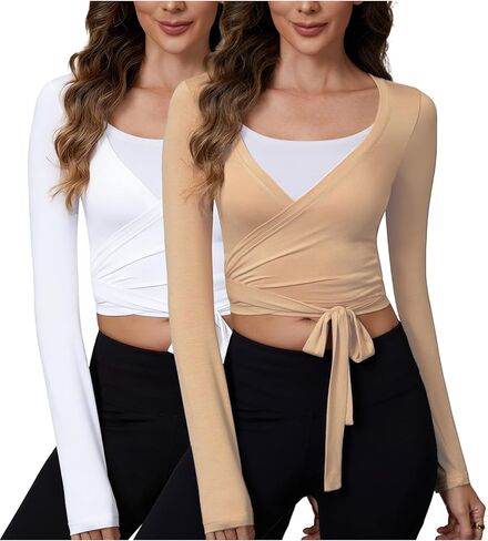 Women's Pilates Wrap Tops Deep V Neck Ballet Yoga Shirt Long Sleeves Tie Front Workout Outfits Y2k Blouses in Saudi Arabia