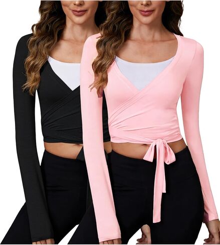 Women's Pilates Wrap Tops Deep V Neck Ballet Yoga Shirt Long Sleeves Tie Front Workout Outfits Y2k Blouses in Saudi Arabia