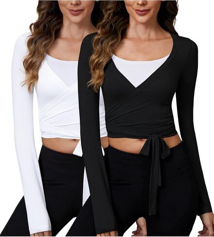 Women's Pilates Wrap Tops Deep V Neck Ballet Yoga Shirt Long Sleeves Tie Front Workout Outfits Y2k Blouses in Saudi Arabia