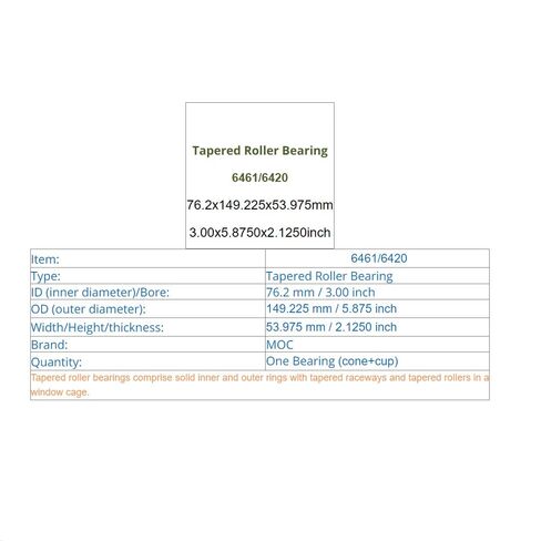 6461/6420 6461 6420 Tapered Roller Bearing Cone and Cup 76.2x149.225x53.975mm 3.00x5.8750x2.1250 Inch Bearings in Kuwait