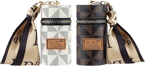 2 Pack Lipstick Case, Leather Lip Gloss Bag for Purse, Travel Lipstick Organizer with Keychain for Women (Brown, White) in Kuwait