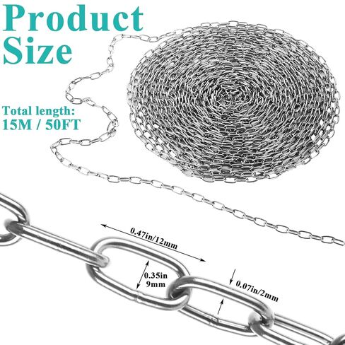 50ft Stainless Steel Chain - 1/12" Metal Hanging Jack Chain - Utility Chains Link for Home, Outdoor, Camping, Bird Feeders, Dog Leashes, Overhead Lights, Flowerpots(2mm*15m) in Kuwait