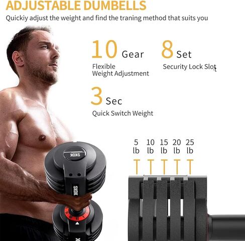SKOK 25/55 lbs Pair Adjustable Dumbbells Set, Adjustable Weights Dumbbells Set for Men and Women with Anti-Slip Fast Adjust Weight by Turning Handle Dumbbell with Tray in Saudi Arabia