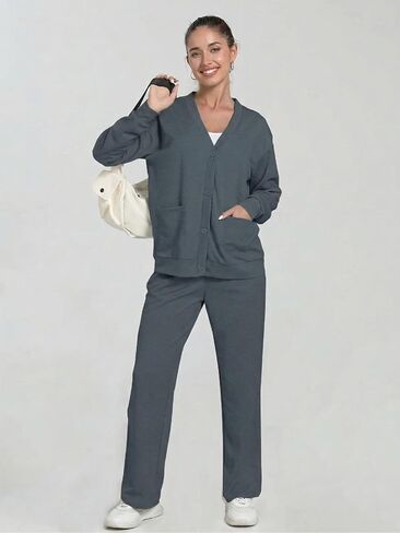 Women's 2-Piece Lounge Set - Button Down V Neck Cardigan Sweatsuit Wide-leg Pants with Pockets Casual Matching Outfits Dark grey M in Saudi Arabia
