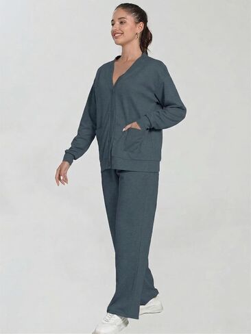 Women's 2-Piece Lounge Set - Button Down V Neck Cardigan Sweatsuit Wide-leg Pants with Pockets Casual Matching Outfits Dark grey M in Saudi Arabia